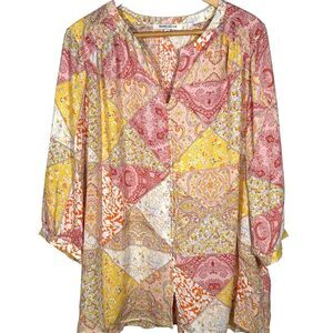 Rose + Olive Top Size 1x Patchwork Print V-Neck Floral Paisley Blouse Boho